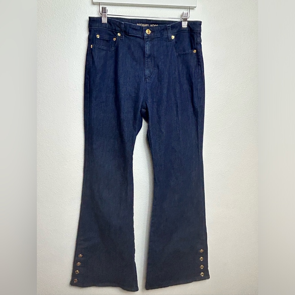 Michael Kors Bell bottom dark wash jeans Size 10 Gold tone button accents EUC.